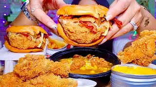 ASMR KFC BBQ FRIED CHICKEN SANDWICH, EXTRA CRISPY CHICKEN, FAMOUS BOWL, FRIES MUKBANG EATING SOUNDS