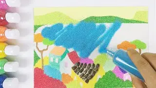 Drawing a beautiful village on the coast with sand and sunflower seed husks