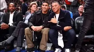 Kylian Mbappe and PSG teammate Achraf Hakimi with Brooklyn Nets Kevin Durant  the at Barclays Center