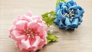 Beautiful Ribbon Flowers/Цветы из репсовой ленты 4см/Зажимы для волос/Канзаши МК/DIY