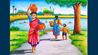 Village pond scenery drawing step by step/Village pond drawing with women