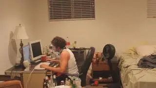 Man destroying his pc with katana