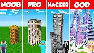 Minecraft Battle: NOOB vs PRO vs HACKER vs GOD: HOTEL SKYSCRAPER HOUSE BUILD CHALLENGE / Animation