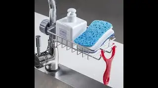 Sponge Holder with towel hanger, Stainless Steel Faucet Storage Rack, Adhesive Sink Caddy Organizer