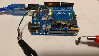 Arduino scope hardware: Uno, 2 resistors, 1 cap. House cat is optional.