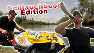 Ob das gut geht? Mit geflicktem Schlauchboot auf dem Rhein