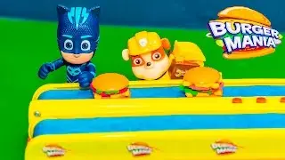 Playing Burger Mania Game with PJ Masks and Paw Patrol Toys