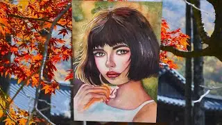 Watercolor Portrait | Autumn - season of the Soul🍁🍂🍃 Speed Paint Woman, Japanese Temple