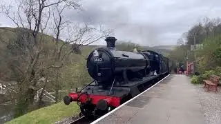 GWR 3802 passing through Berwyn Halt on the Llangollen Railway alongside the River Dee Denbighshire