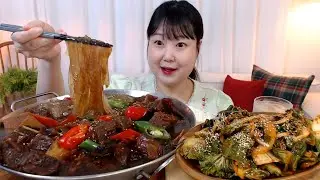단짠단짠 부드러운 소갈비찜 납작당면 봄동무침 먹방 Braised Galbi Glass Noodles Seasoned cabbage Kimchi Mukbang Eatingsound