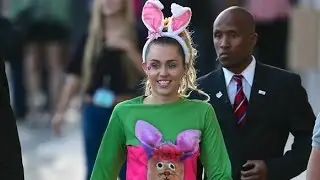 Miley Cyrus greets fans in her bunny outfit outside Jimmy Kimmel Live