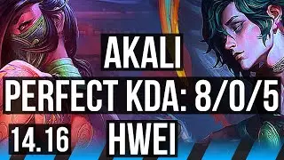 AKALI vs HWEI (MID) | 8/0/5, 1100+ games, Legendary | EUW Master | 14.16