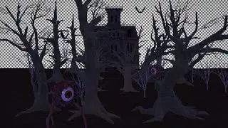 Night Horror Scene with Monsters and Haunted House, Transparent Background (Alpha Channel)