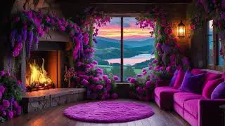 Cozy Living Room with Spring Flowers & Fireplace – Mountain & River View in the Evening