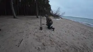 Metal detecting in a winter forest by the sea