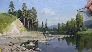 Живопись маслом: прорисовка сосен и фактура краски на камнях