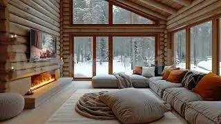 Animated Background, Wooden House, Living Room, Cabin Vibes, Fireplace Ambiance, Frosted Forest