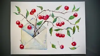 Drawing cherries on branches. Bouquet of cherries.