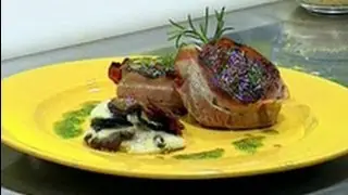 Martiniano Express - Pork loin wrapped in bacon with eggplant and oyster mushroom millefeuille