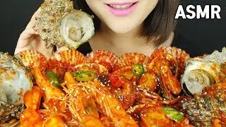 ASMR SPICY SEA FOOD (Squid, Shrimp,Conch, Scallops, Abalone, Bean sprouts) EATING SOUNDS