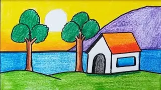 House and nature drawing | Easy landscape drawing for kids and beginners