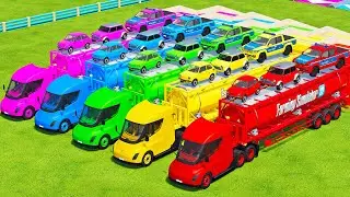 TRANSPORTING MINI COOPER, MINI FIAT & VOLKSWAGEN POLICE WITH TESLA TRUCKS - Farming Simulator 22