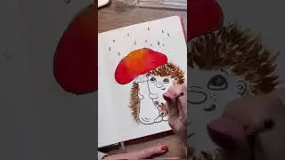 Ежик под грибком- мухомором акварелью. Тестирую фломастеры-кисти.