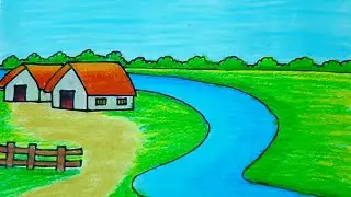 How to draw easy scenery drawing with beautiful landscape village scenery drawing with oil pastel