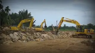 4 Excavator Komatsu PC200 di Bantaran Sungai, Pemasangan Kontruksi Batu Grib
