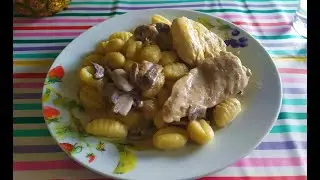 Chicken in creamy beer sauce with mushrooms, cream and gniocchi