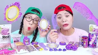 コンビニの紫色のデザートチョコレート食べる音ドナ