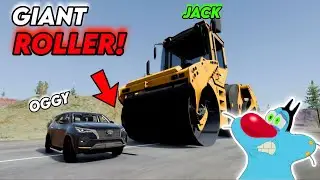 OGGY AND JACK REACTED TO GIANT ROAD ROLLER CRUSHES CARS - BEAMNG DRIVE! #1