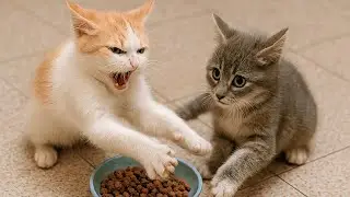 😹 Hungry Kitten Goes Crazy for Food 🍽️ | Funny Cat Blocks Everyone — Even Her Brother! 🐾