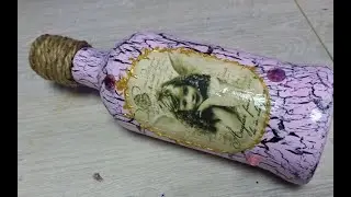 botella craquelada con cola y decoupage vintage ¡