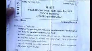 QUESTION PAPAR OF B.TECH ! ENGINEERING GEOLOGY ! 3RD SEMESTER PAPER ! 2019 PAPAR