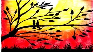 How to draw  LOVEBIRDS in a sunset by oil pastel easy step by step