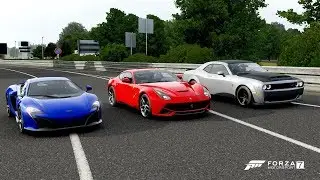 Forza 7 Drag race: Ferrari F12 Berlinetta vs Dodge Demon vs McLaren 650s Coupé
