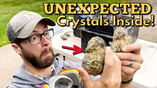 Finding CRYSTALS inside mystery minerals! Cutting rocks w/ 10