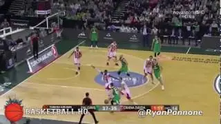 Zalgiris - Jankunas fades of the side pick and roll for the short corner shot