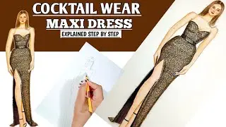 How to draw COCKTAIL Wear || Draw Maxi Dress  || how to use touch cool marker||Fashion illustration