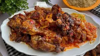 Guinea fowl fried then sautéed in an onion and pepper sauce