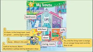 Kid's Box Starter - Unit 5 - My House - 1 - Listen and point. With comic dialogue box.