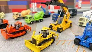 Nゲージ用建機＆車両！「ザ・建機 第3弾」リーチスタッカー、クローラークレーン、ブルドーザー、ミキサー車、40ftコンテナトレーラー！Nスケール模型の工事現場や、はたらくくるま、乗り物のレイアウトに♪
