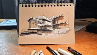 Drawing a Modern House with Ink, color Pencil, & Markers