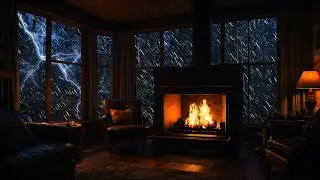 Cozy Cabin Ambience with Fireplace at Night an Rainfall for Relaxation and Deep Sleep