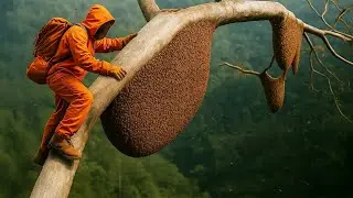 Harvesting Giant Honey: Discovering a Ferocious Beehive at Dangerous Heights