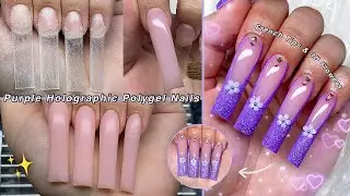 PURPLE HOLOGRAPHIC POLYGEL NAILS💜 HOW TO FRENCH TIP & 3D FLOWER CHARMS DESIGN! | Nail Tutorial