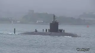 ROYAL NAVY NUCLEAR SUBMARINE HMS TRIUMPH S93 RETURNS TO DEVONPORT NAVAL BASE 3-7-24