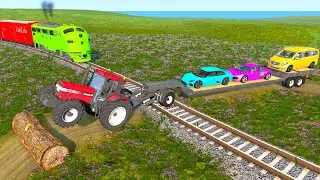 Lowboy Trailer Tractor Truck Fallen Tree Car Rescue - Cars vs Train and Rails - BeamNG.drive