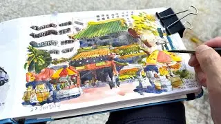 Crowded Chinese Temple Sketch Tutorial with Pencil and Watercolour